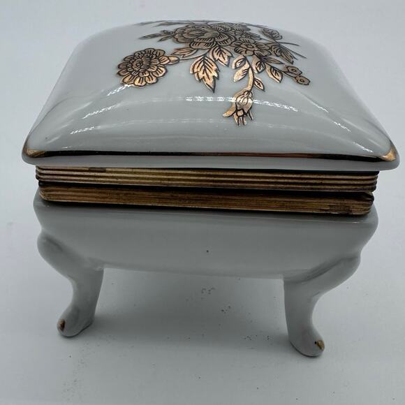 VTG Kalk German Golded Flower Porcelain Trinket Handmade Box C1955 Footed *READ - Picture 13 of 16